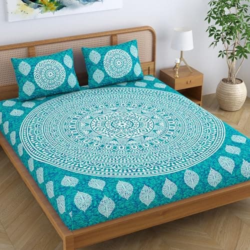 Colorish Cotton Blend Double Bedsheet Jaipuri Printed Mandala King Size Bed Sheet with 2 Pillow Covers - Sea Green