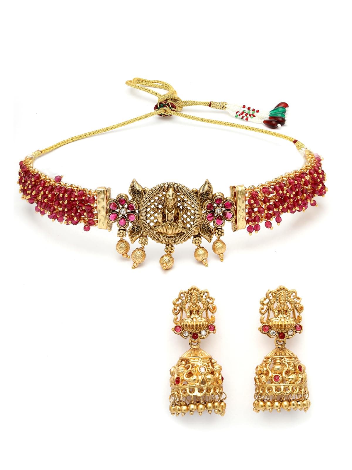 Sukkhi Indian Traditional Gold Plated Rani Pink Glass Beadded Temple Choker Necklace Set with Jhumki/Jhumka Earrings Jewellery Set For Women & Girls|NS106076