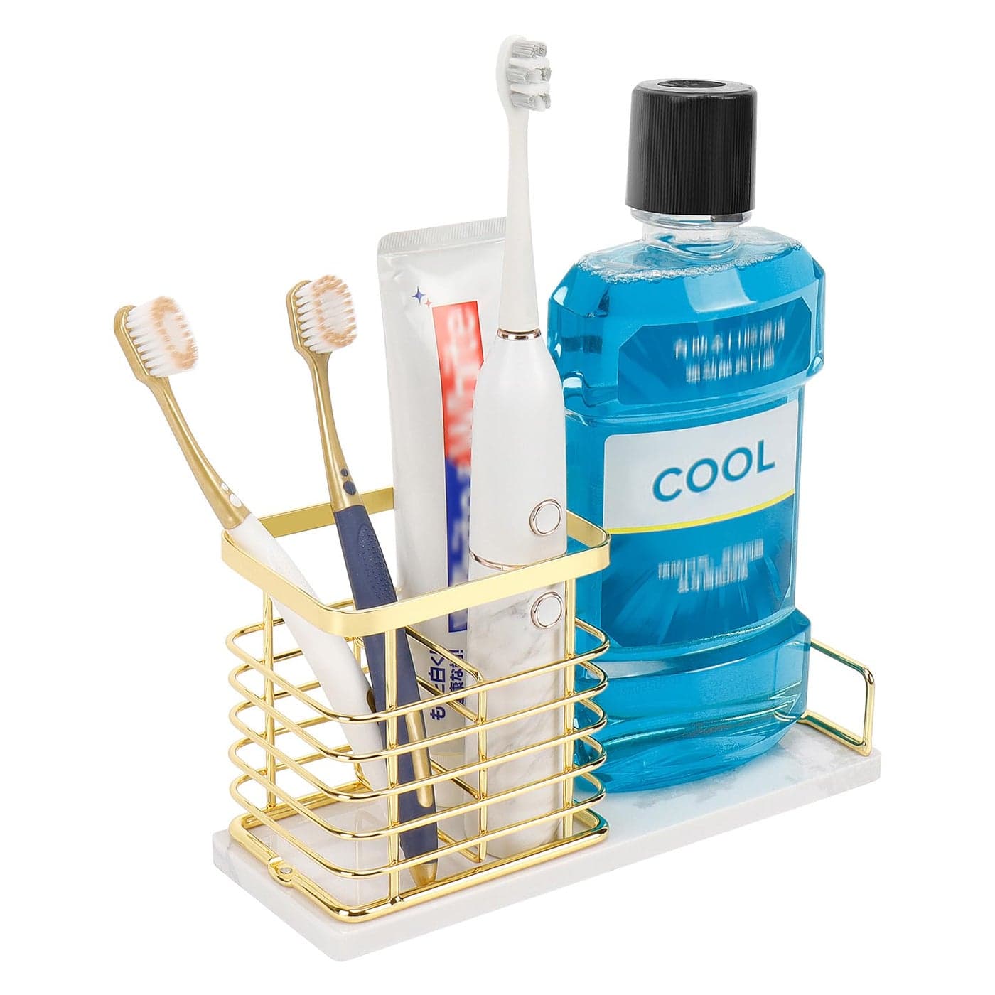 HarJue Toothbrush Holder Luxurious Metal Toothbrush Toothpaste Holder with Marble Base for Bathroom MultiSlots Openwork Design Bathroom Accessory for Storage and Organizer Large Gold