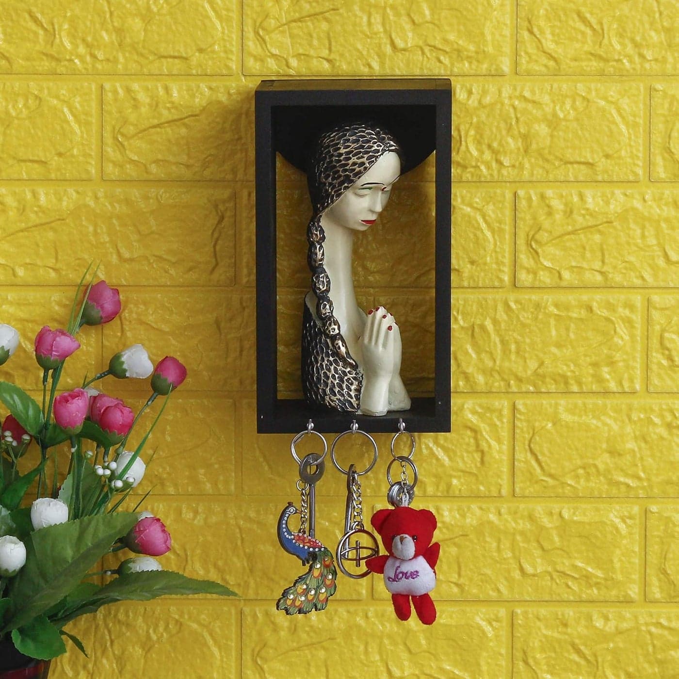 Webelkart Premium Welcome Lady Statue Showpiece with Wooden Shelf and Key Hanger| Wooden Key Hanger for Home| Key Holder for Home and Office Decor (Model-2)