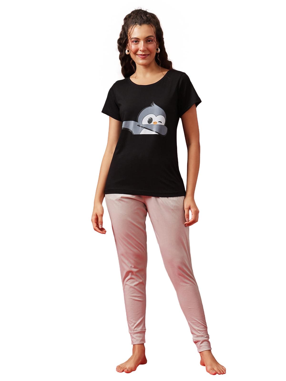 Clovia Women's Cotton Printed Top & Basic Pyjama Set (LS0581P13_Black_XXL)