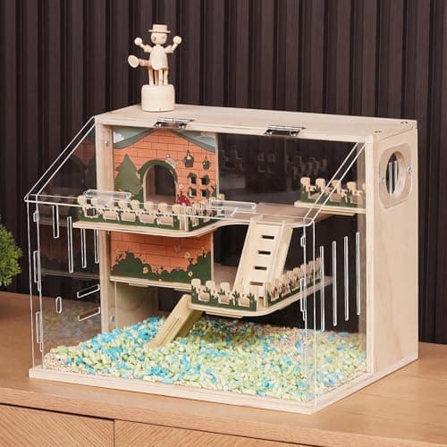ECOCEN Wooden Hamster Cage 158 3Layer Acrylic Dwarf Hamster CagesTop Open Small Animal Cages with Stairs Fences Pastoral Style Mouse Cage for Pet Mice Hedgehog