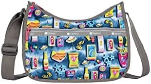 LeSportsac Beach Snacks Classic Hobo Crossbody Bag + Cosmetic Bag, Style 7520/Color F949, Vibrant Pop Art Style Beachy Graphics: Hot Dogs, French Fries & Tropical Drinks, Unique Hot Pink Zip Pull