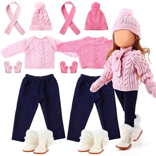 Gemscream 2 Set Christmas 18 Inch Doll Clothes Set for Girls Winter Cute Doll Outfits and Accessories Kit Include Sweater Pants Shoes Hat Gloves ScarfPink and Light Pink
