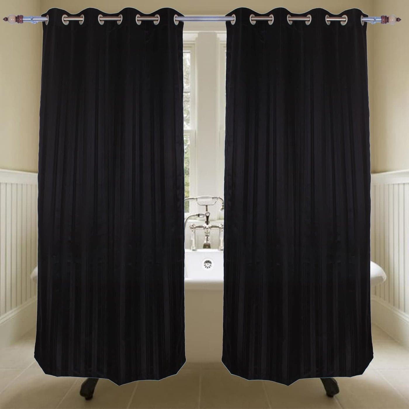 Parda Online 274 cm 9 ft Waterproof Shower Curtain With Eyelets Window Polyester Fabric Strips Design Black colour Pack of 1 Bathroom Shower Curtain Waterproof Polyester 274 L x 121 W centimeters