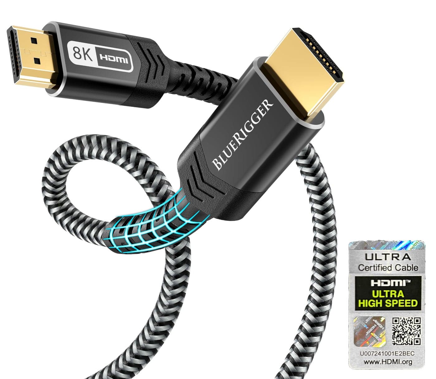 BlueRigger 10K 8K Certified HDMI 2.1 Cable 48Gbps (10FT, 8K 60Hz, 4K 120Hz, eARC, HDR10 VRR HDCP 2.3) Certified Ultra High Speed HDMI Cable Braided Cord- For Gaming PS5 Xbox Series X Roku HDTV Monitor