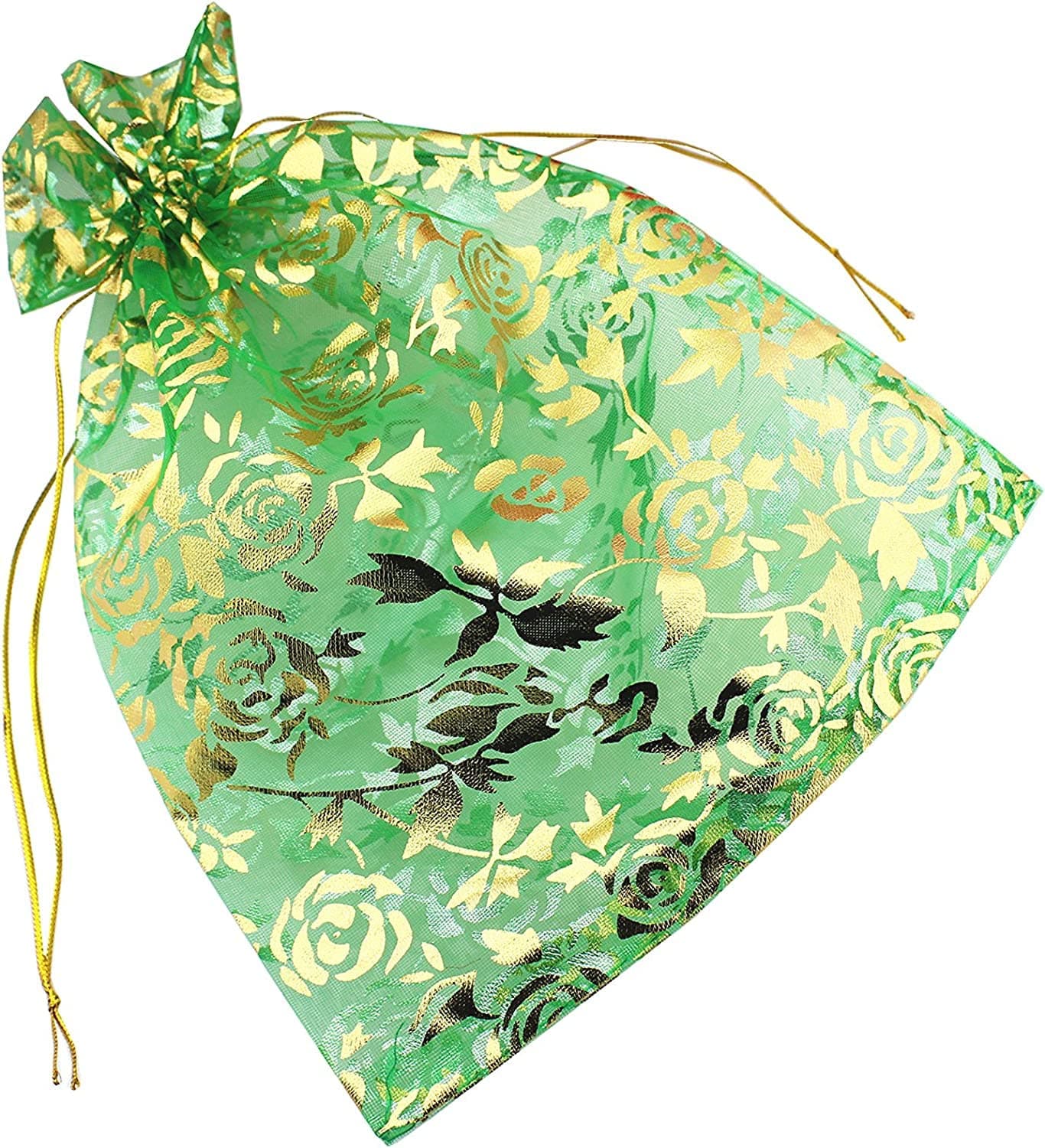 DNY 100 Pcs Potli Bags Organza Pouches 4x6 inches with Drawstring Small Potli Bags for Return Gifts for Wedding Party Baby Shower Dry Fruit Pouches GREEN FLOWER