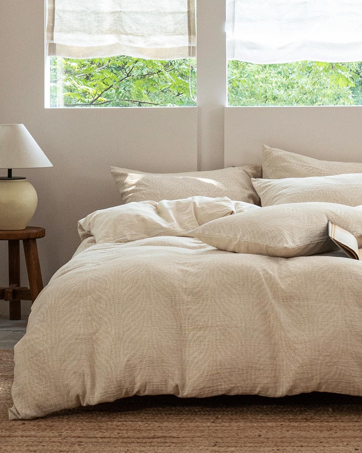 MILDLY Linen Cotton Duvet Cover - Jacquard Textured Wheat Ear Pattern Comforter Cover Set 3pcs with Zipper Closure Breathable & Minimalist for All Season