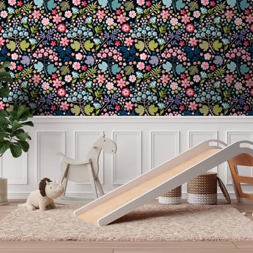 VaryStyle Colorful Floral Wallpaper Dark Black Floral Peel and Stick Wallpaper for Bathroom Nursery 17.7"x118" Removable Self Adhesive Cute Flower Patterned Colorful Contact Paper for Cabinets Walls