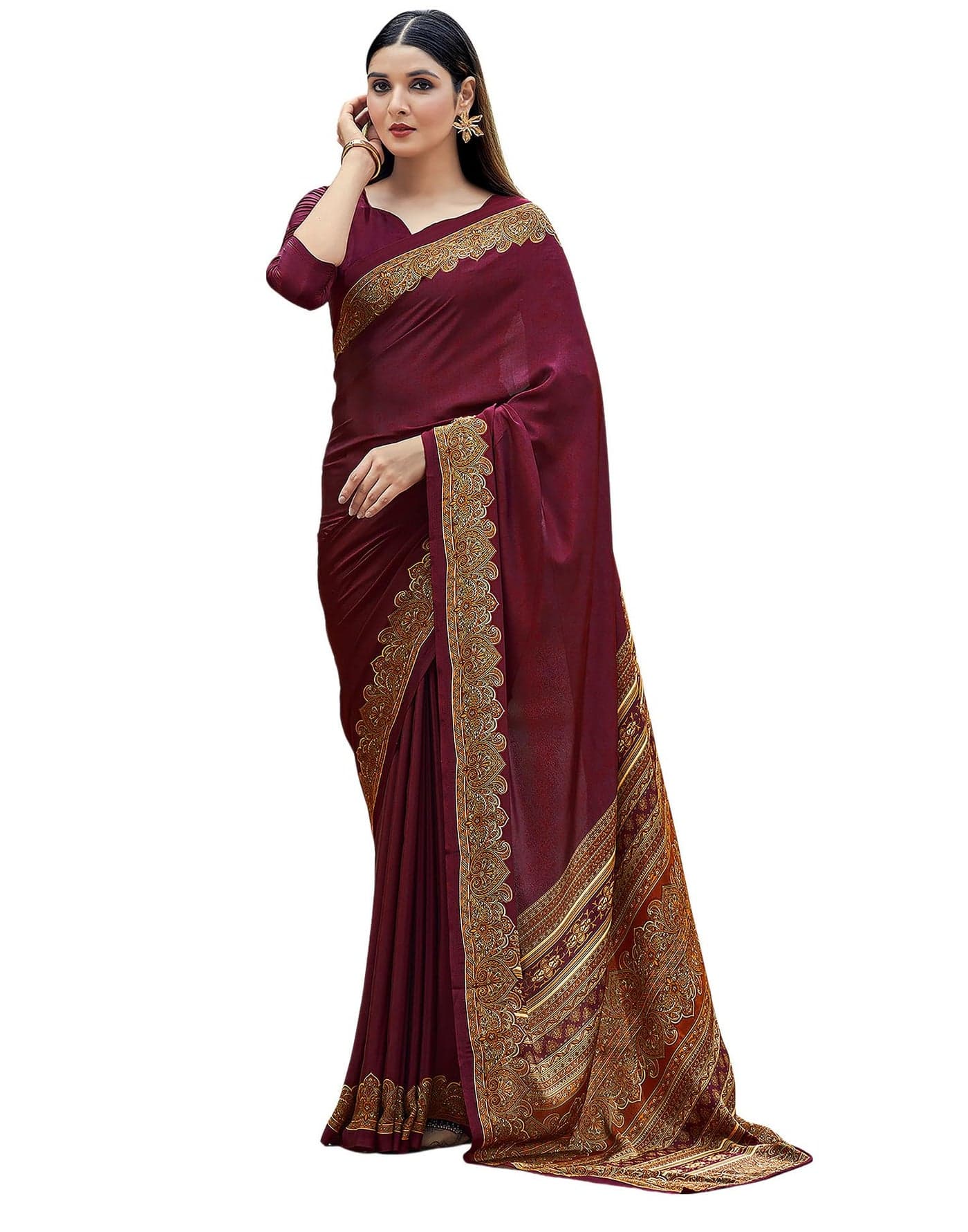 SIRIL Silk Crepe Printed Saree for Women With Unstitched Blouse Piece (3441S3026_Maroon)
