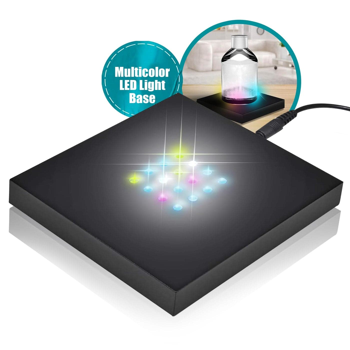 ASENTE 16 LED MultiColor Light Stand Base Lighted Acrylic Display Crystal Display Trophy Art Hologram 3D Pedestal Stand for Crafts Other Special Centerpieces 45V ACUSB Adapter Matte Black