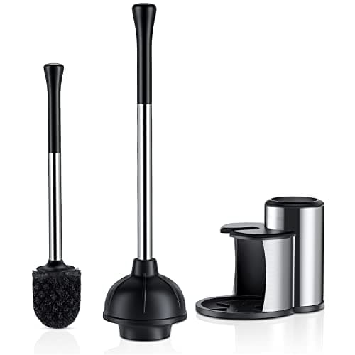 HAMITOR Toilet Plunger and Bowl Brush Set: 2 in 1 Stainless Steel Heavy Duty Toilet Cleaner Plunger with Holder Combo for Bathroom Cleaning - Modern Hideaway Bathroom Accessories with Caddy Stand