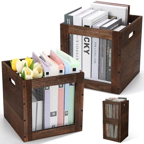 Colingmill 2 Pack Stackable Wood Storage Bins with Metal Wire and Handles 11 x 11 x 11 Inch 22l Cube Vinyl Record Holder Wooden Storage Crate Basket for Shelve Fruit Vegetable Pantry ToyWalnut