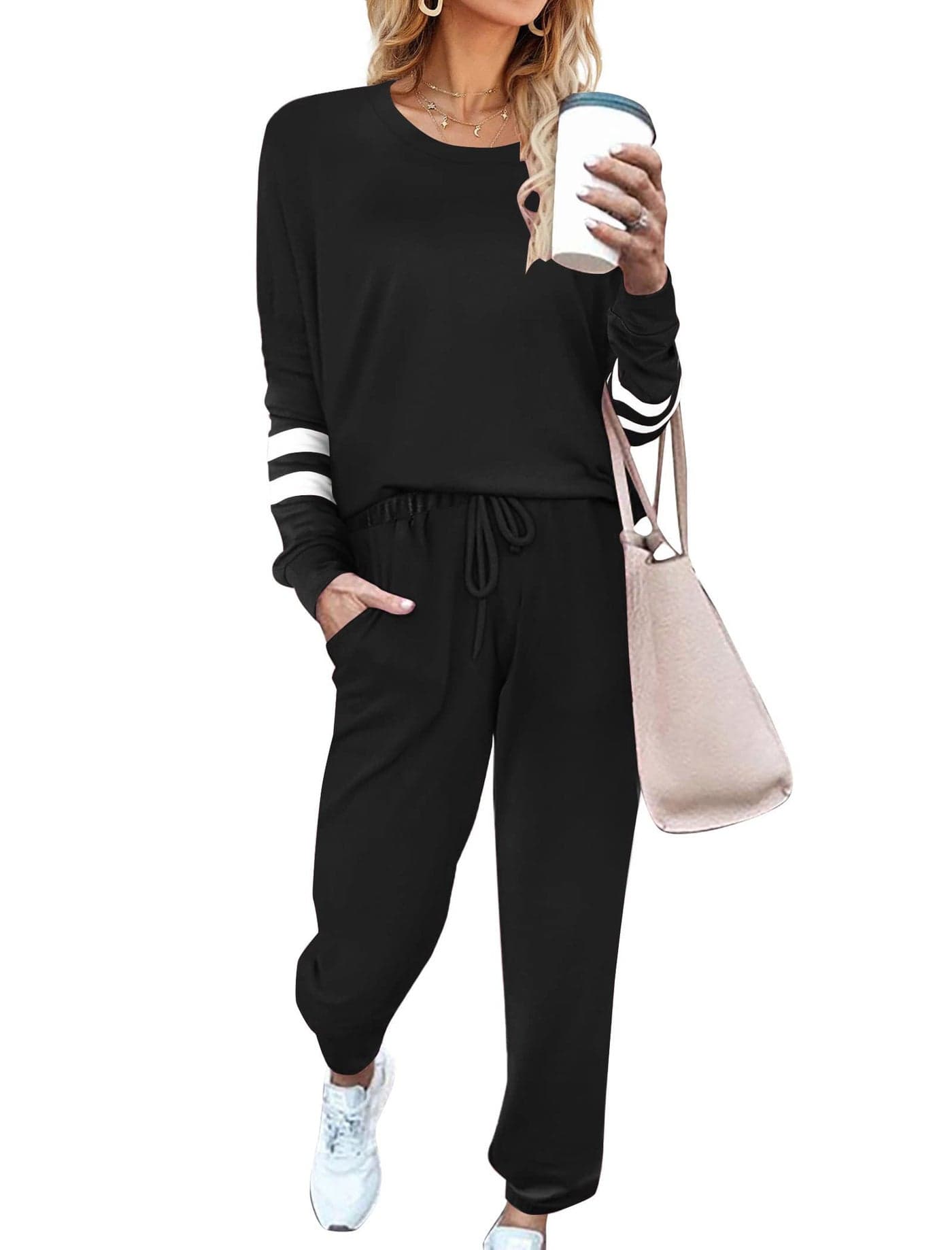 Ekouaer Sweatsuits Womens Loungewear Set Tracksuit Long Sleeve Pajamas Set with Pockets 2 Piece Outfits Lounge Sets Black XLarge