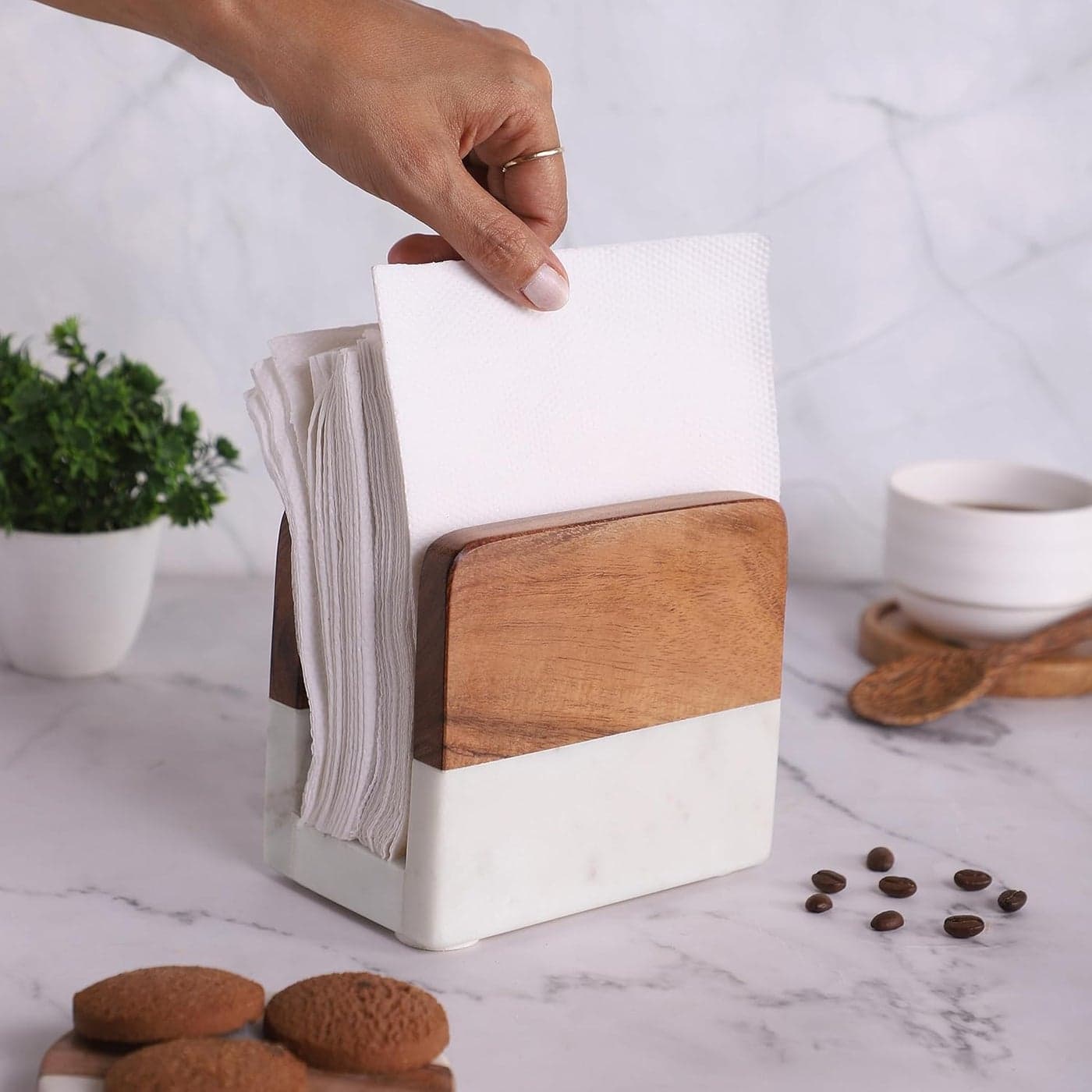 DREAMY WALLS Napkin Holder for Table Natural Marble and Wood Napkins Holder for Kitchen Dining Table Dcor Decorative Holders for Paper Napkins Upright Napkin Dispenser White and Brown
