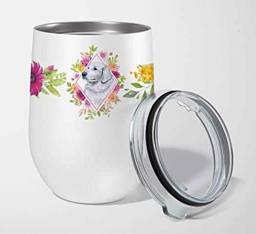 Caroline's Treasures CK4160TBL12 Great Pyrenees Pink Flowers Stainless Steel 12 oz Stemless Wine Glass Insulated Wine Tumbler with Lid, Cute Travel Cup for Coffee, Cocktails, Gift Women, Mother