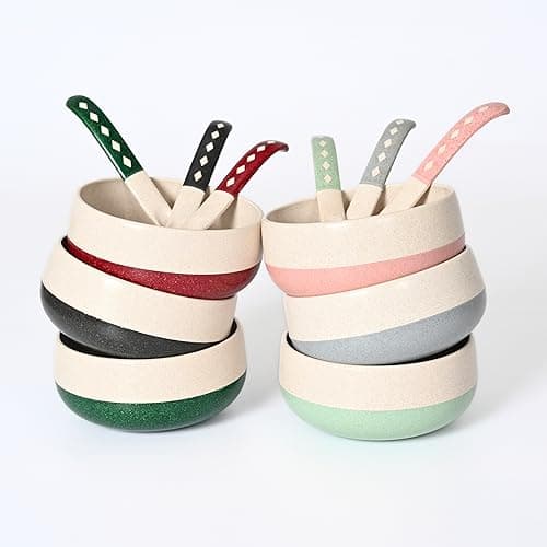 Eha Earth-Friendly Soup Bowls with Spoons Set of 6 | 250 ml | Made with Rice Husk Biocomposite | Microwave Safe Bowl | Serving Bowl Set | Multicolor