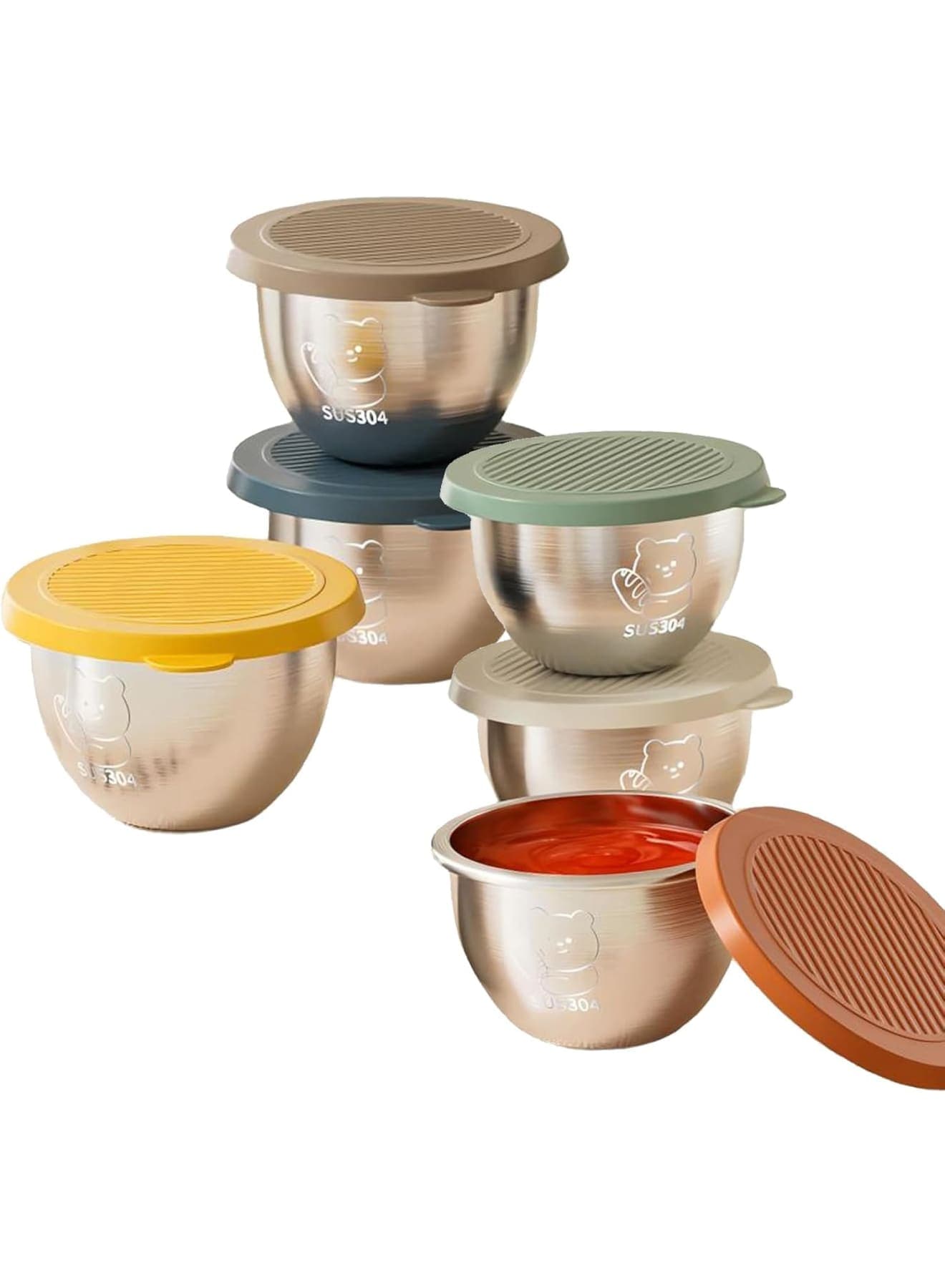 Salad Dressing Containers with Colorful Leakproof Silicone Lids, Reusable Stainless Steel Sauce Cups for Lunch Box, Condiment, Meal Prep, Travel, Picnic, and Food Storage, 6 Pack, 2.4oz