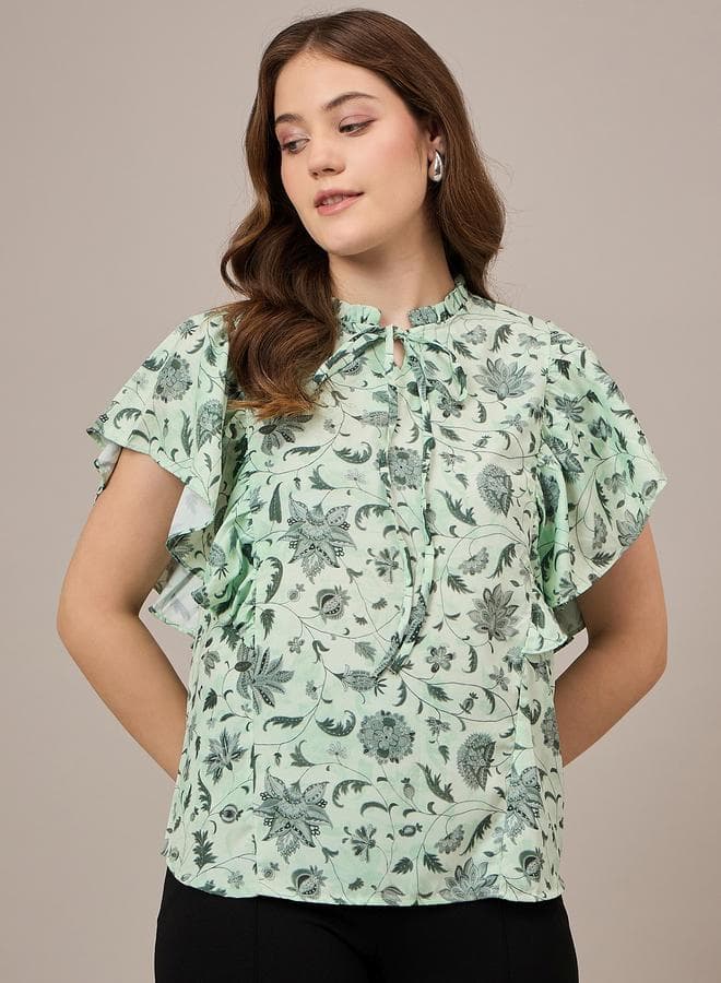 Green Floral Ruffled Sleeves Top — M