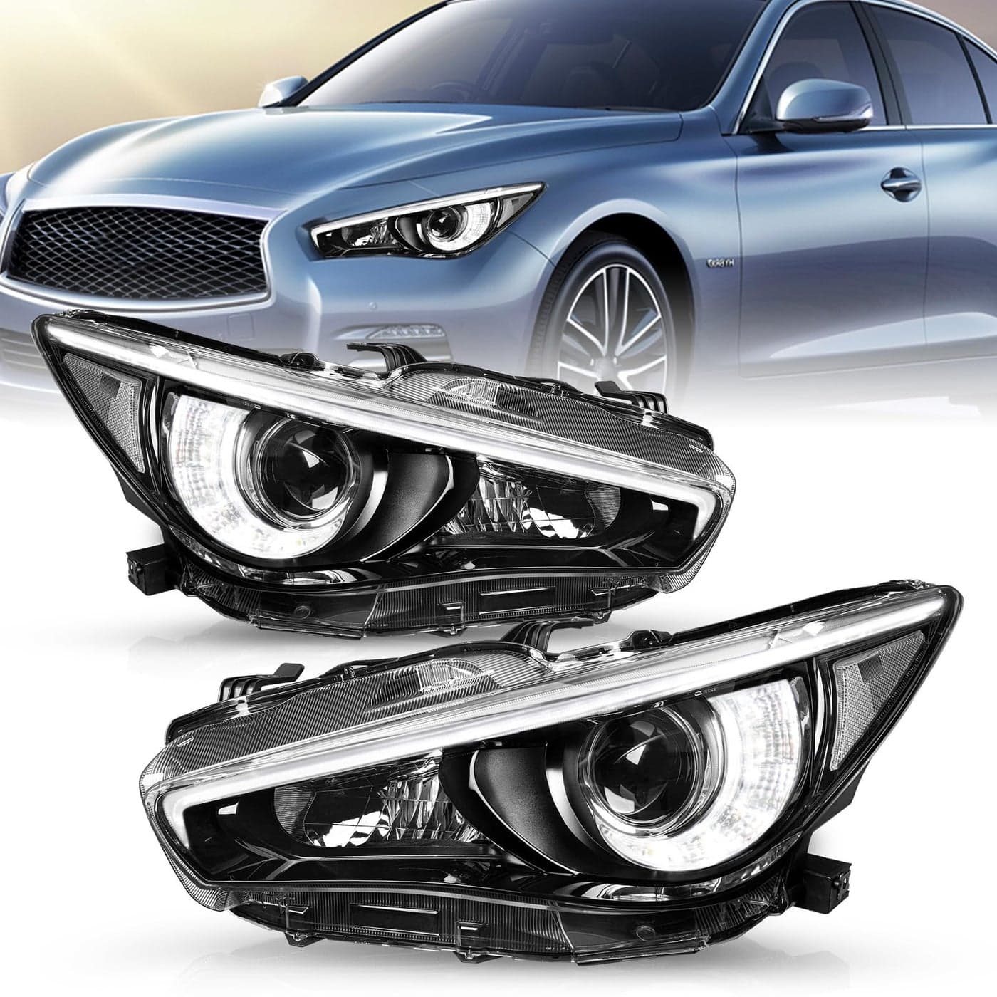 TUSDAR Headlight Assembly Set for Infiniti Q50 (2014-2022) - Black Housing with Clear Reflector