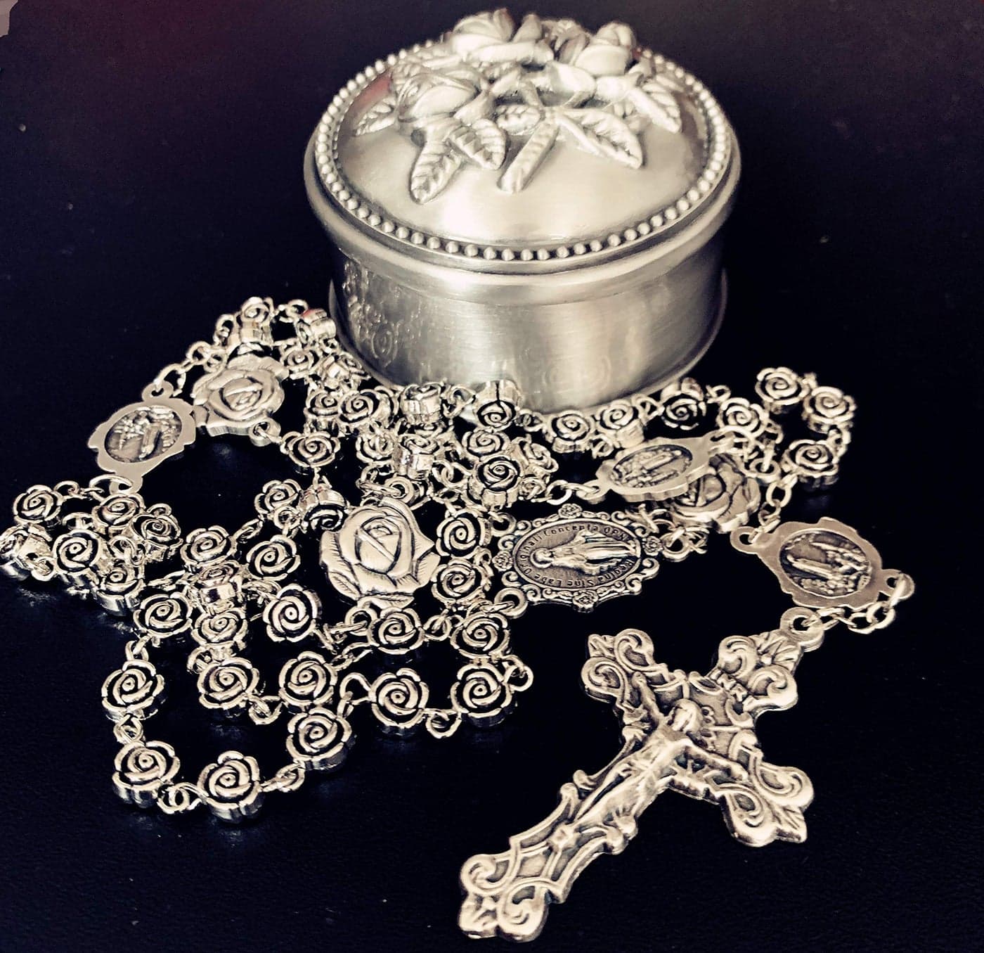 elegantmedical HANDMADE vintage silver rose beads Catholic Rosary Necklace Cross Gift Box Italy crucifix