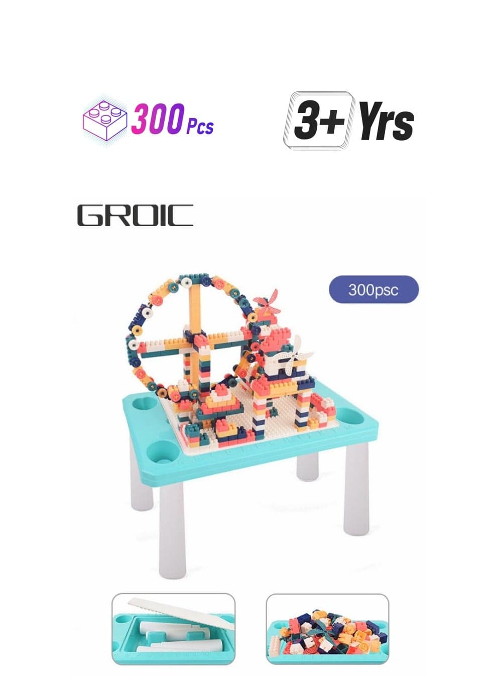 4 in 1 Toddler Activity Table with 300PCS Building Blocks, Large Building Blocks Compatible Bricks Toy Building Block, Water Table, Building Block Table with Storag Learning Table