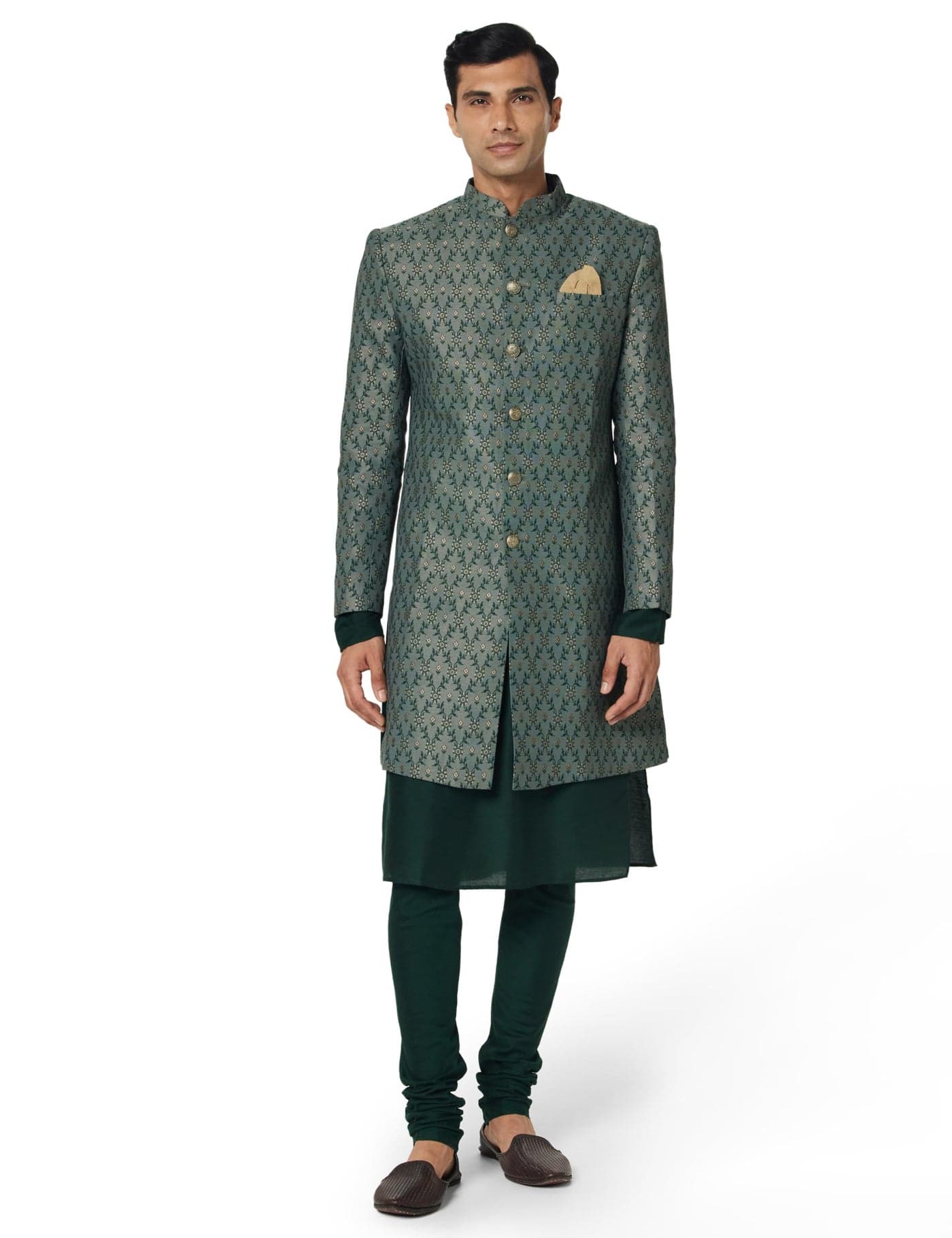 KISAH Men Grey Jacquard Kurta Indowestern Sherwani Churidar Set with Floral, 40