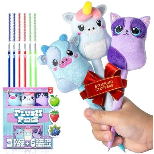 BUNMO Cute Pens 3 Pack - Stocking Stuffers for Kids - 6 Scented & Glittery Refills - Plush Fun Pens for Kids - Stuffed Cute Animals for Girls Kawaii Stationery - Stocking Stuffers for Girls