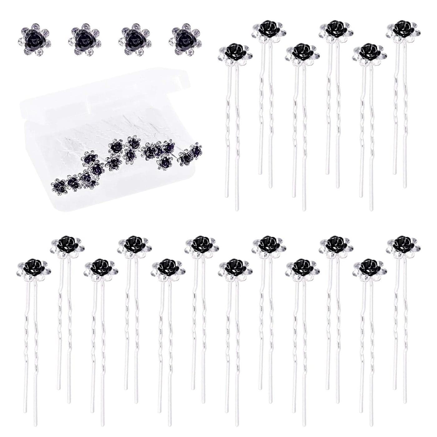 Swpeet 40Pcs Black UShaped Crystal Hair Pins Rose Flower Rhinestone Hair Clips Hair Accessories for Bridal Wedding Women Hair Jewelry Accessories with Storage Bag