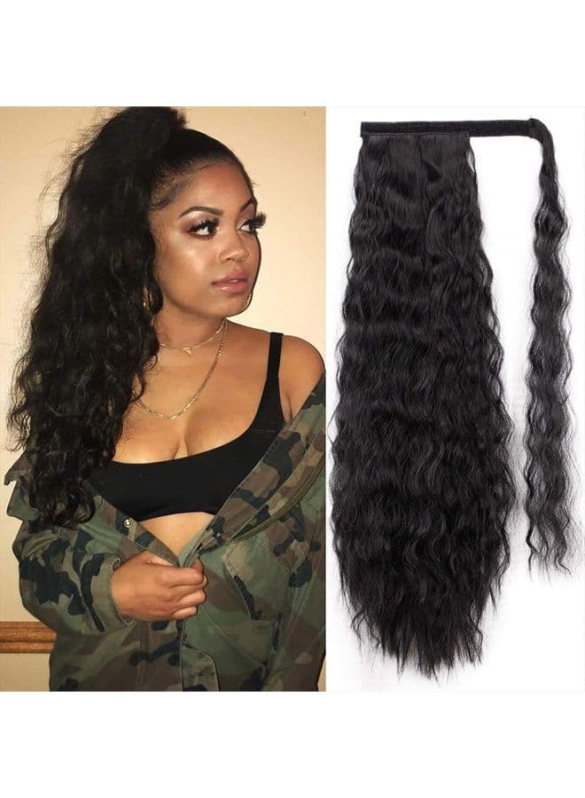 Long Corn Wave Ponytail Extension Magic Paste Heat Resistant Wavy Synthetic Wrap Around Ponytail Black Hairpiece for Women (22 Inch, 22 Inch-Black)