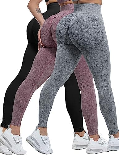CHRLEISURE Workout Leggings Sets for Women, Gym Scrunch Butt Butt Lifting Seamless Leggings 3 Piece (Black, DGray, Burgundy, M)