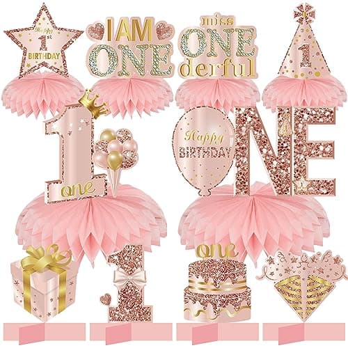 Turypaty 10Pcs 1st Birthday Decorations Honeycomb Centerpieces for Baby Girls, Pink Rose Gold Miss Onederful First Birthday Table Centerpieces Party Supplies, One Year Old Bday Table Topper Decor