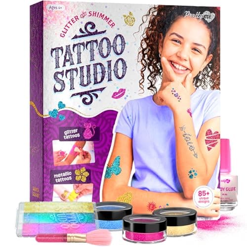 Pretty Me Glitter Tattoo Kit for Kids Glitter Metallic Fake Tattoos for Girls Birthday Gift Ideas for Girl Temporary Tattoo Set Craft Kits Toys for Ages 6 7 8 9 10 11 Year Old Cool Gifts