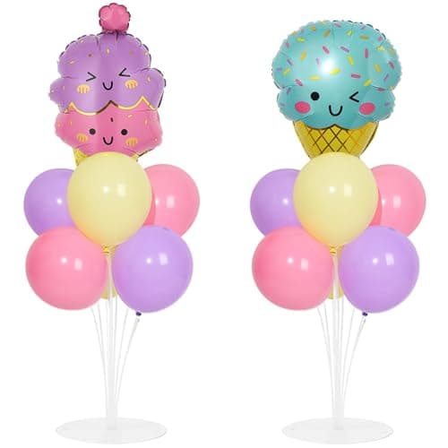 Ice Cream Party Balloons Stand Kit 2 Sets with 2 Macaron Ice Cream Foil Balloons Pastel Sweet One Birthday Balloon Centerpiece for Tables for Girl Birthday Valentines Day Baby Shower Party Decoration
