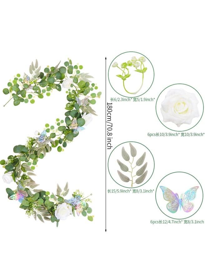 2 Pack 180cm/70.8in Artificial Eucalyptus Garland with Pink Roses, Fake Rose Flowers Greenery Garland Floral Vine for Wedding Home Party Tablecloth Decoration