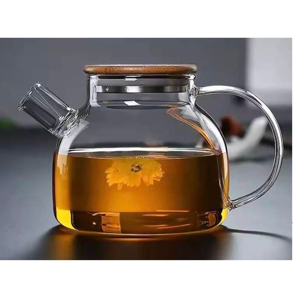 ANKUL Stylish 1 LTR Glass Teapot with Wooden Lid – Stovetop & Microwave Safe, Removable Filter Spout for Loose Leaf and Blooming Tea and Fruit Tea (Ankul - 07)