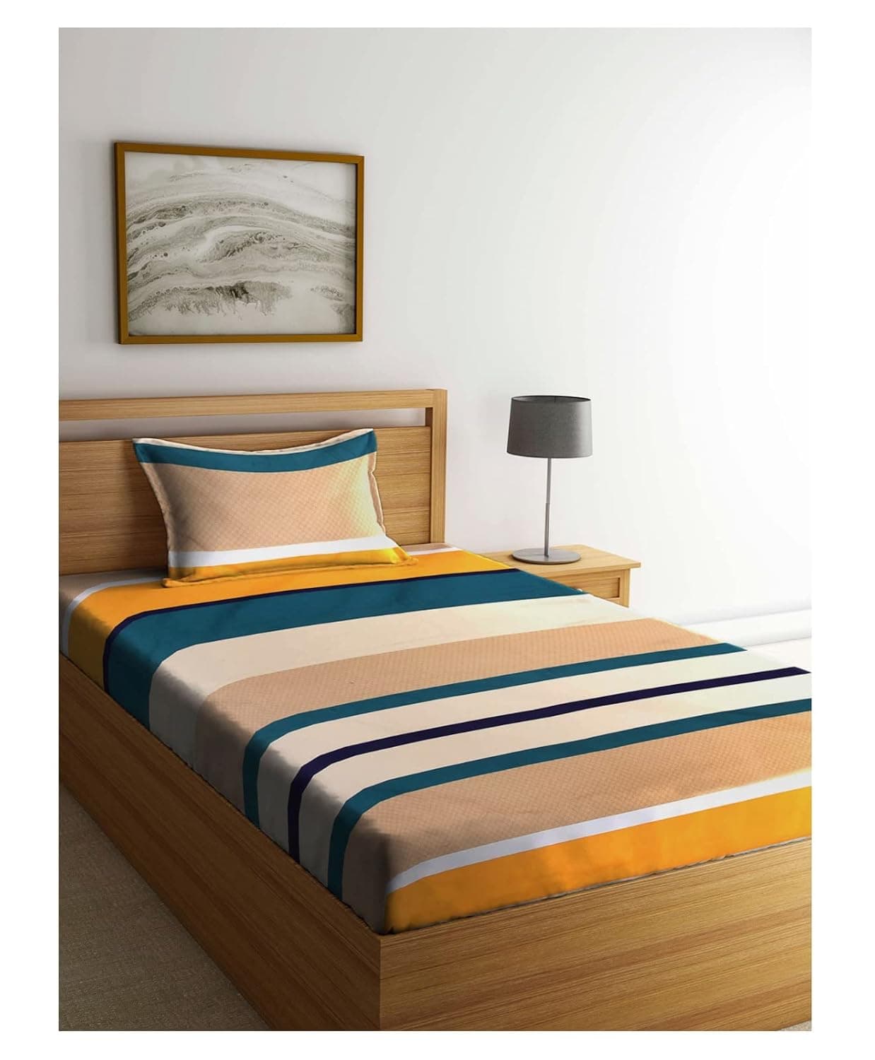 IVAZA 144 TC Bedsheet with Pillow Cover Glace Cotton Yellow Striped Single