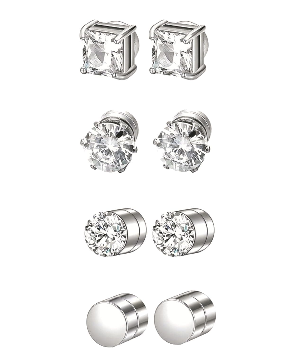 4 Pairs Magnetic Earrings for Men, Non-Piercing Silver Stud Earrings Set, Round and Square CZ Design, Fashion Accessories for Work, Party, Travel