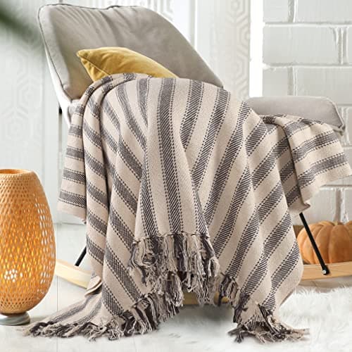 SASHAA WORLD Striped Throw Medium with Tasselled Edges |Throw for Living Room, Bedroom, Sofa & Chair |Charcoal Throw Blanket | 180 x130 cm