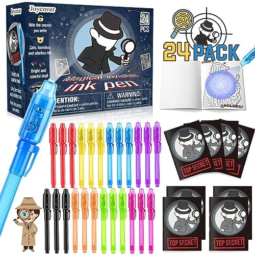 Joycover 24 PCS Invisible Ink Pen with UV Light for Kids Spy Pens and NotebookBirthday Party Favors for Kids 48 School Prize Goodie Bag Stuffers UV Pen for Secret Message Escape Room