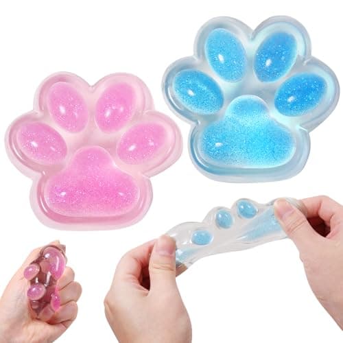 2pcs Pink Blue Squishy Cat Paw Squeeze Toys Ice Through Sparkling Powder Kawaii Sticky Squishies PVC Toys Stress Relieving Fur Ball OPP Packaging Gifts for Kids Teenage 2pcs Pink Blue