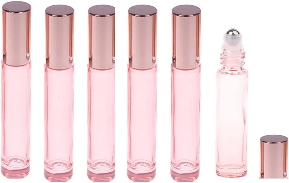 6 Pcs 10ml Glass Roll On Bottle,Empty Refillable Roller Bottles Vials with Stainless Steel Roller Ball and Rose Gold Cap for Essential Oils Perfumes and Lip Balms Liquid Cosmetic Container, Pink,