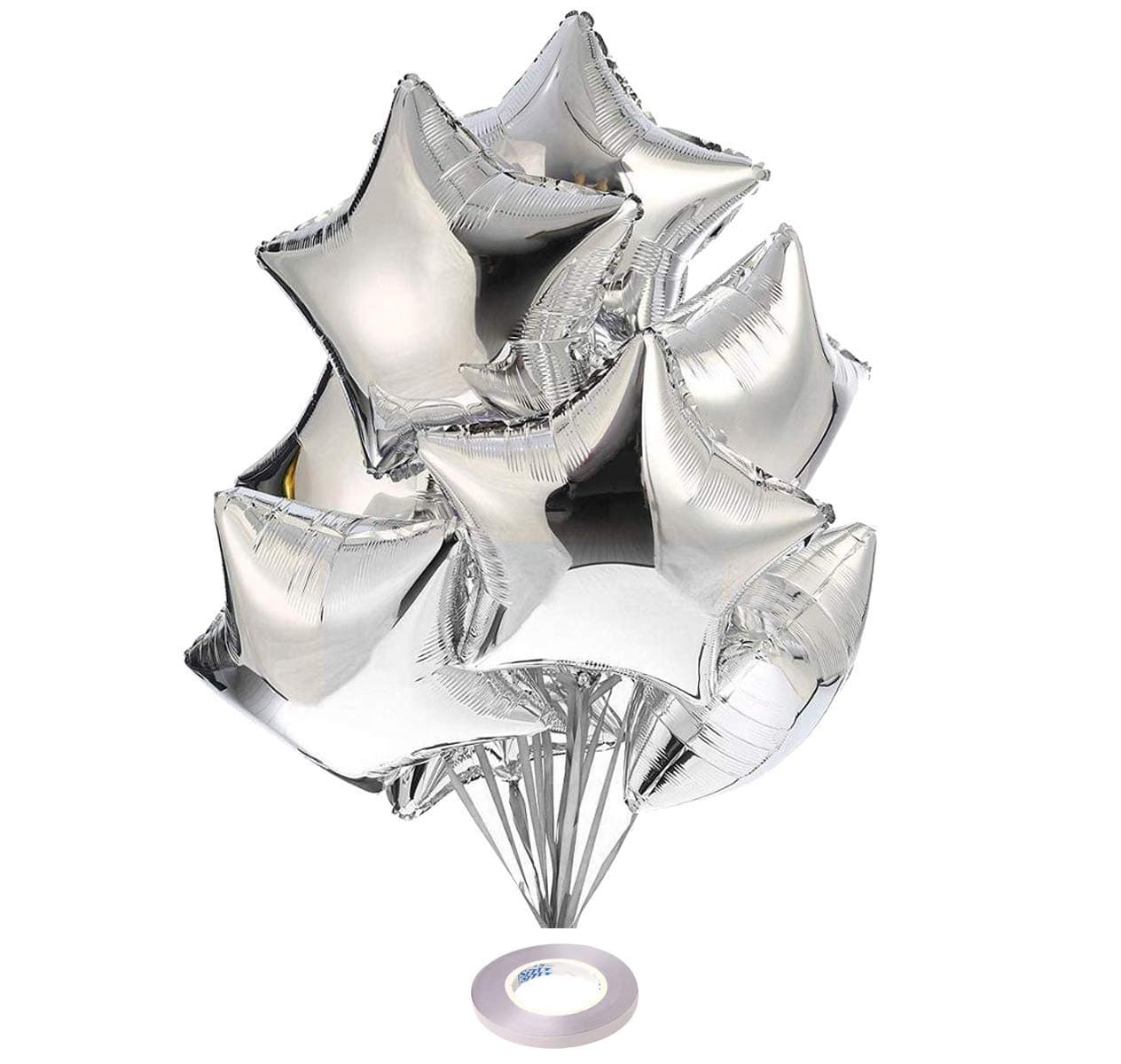 AMFIN® (Pack of 10) 18 Inch Silver Star Shaped foil Balloon with Ribbon/Star Shape Balloons for Decoration Birthday Balloons for Decoration - Silver