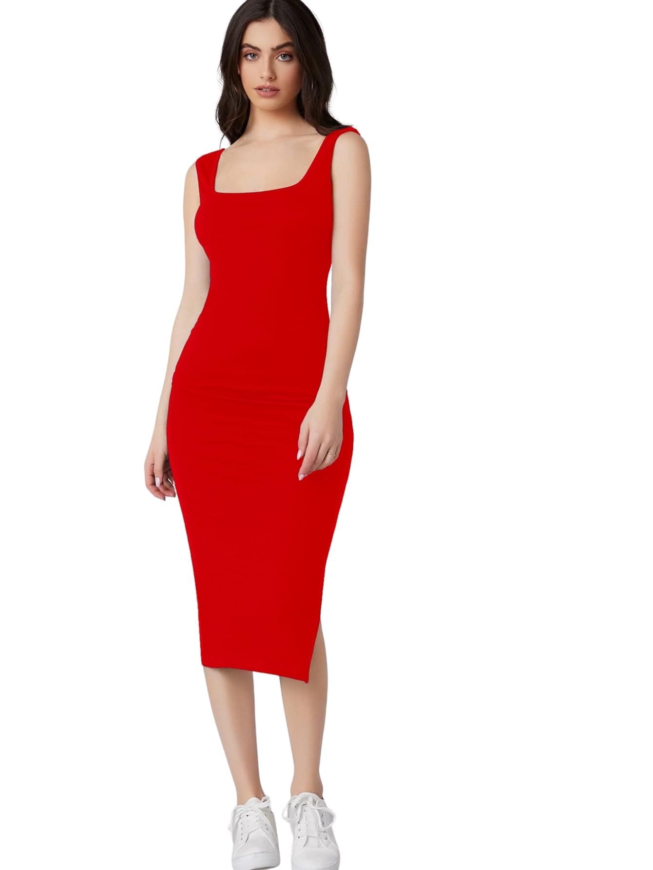 Aahwan Red Solid Bodycon Square Neck Midi Side Split Thigh Dress for Women's & Girl's(358-Red-L)