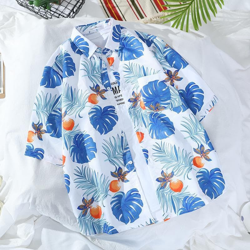 Hawaii Beach Seaside Summer Floral Shirt Handsome Male And Female Couple Wear Student Thin Quarter-Sleeve Shirt Jacket