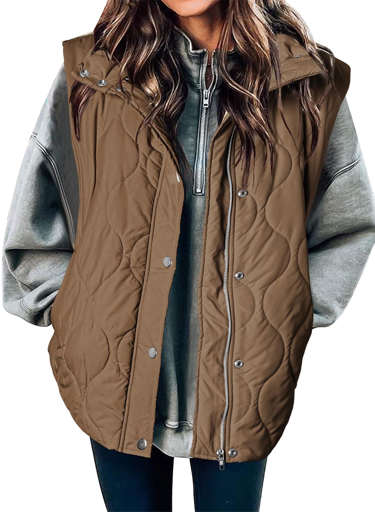 EVALESS Fall Winter 2025 Clothes for Women Cropped Puffer Vest Lightweight Quilted Stand Collar Sleeveless Jackets Warm Button Zip Up Coat Outerwear Gilet with Pockets Brown Large