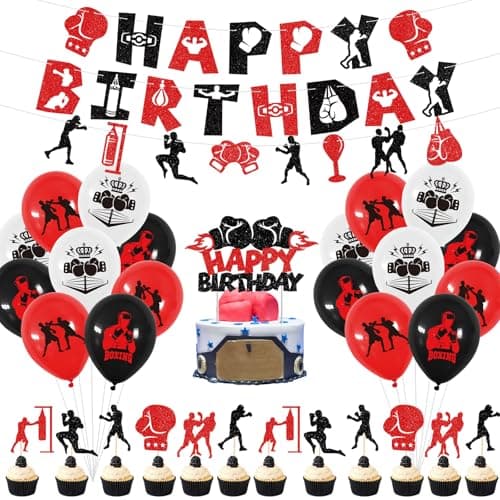 KEFAN Boxing Birthday Party Decorations Boxing Birthday Banner Cake Topper Balloons Fight Sports Wrestling Party Supplies Boxer Boxing Match Theme Party Supplies