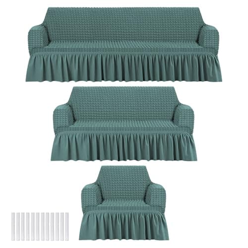 Fanfanwin 3 Pcs Sofa Slipcover Set for Couch Cushion Durable Washable High Elastic Stretchable Furniture Couch Covers with Skirt for Sofa Loveseat Arm Chair (Sage,Seersucker)