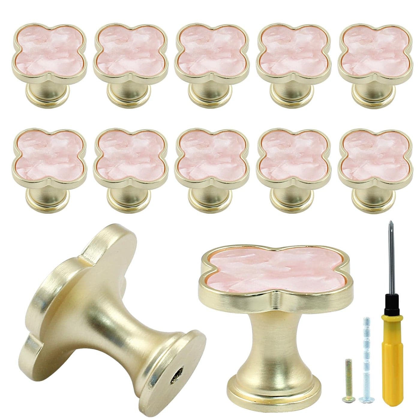 Bonsicoky 12 Pcs FourLeaf Drawer Pulls Knobs Gold Dresser Cabinet Knobs Pulls for Kitchen Cabinet Cupboard Door Furniture Decorative Pink