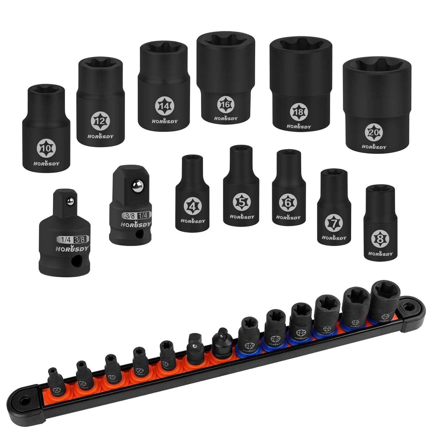 HORUSDY ETorx Socket Set 13Piece External Socket Set 11Piece Female ETorx Sockets E4E20 Star Socket Set 2Piece Impact Socket Adapter Set